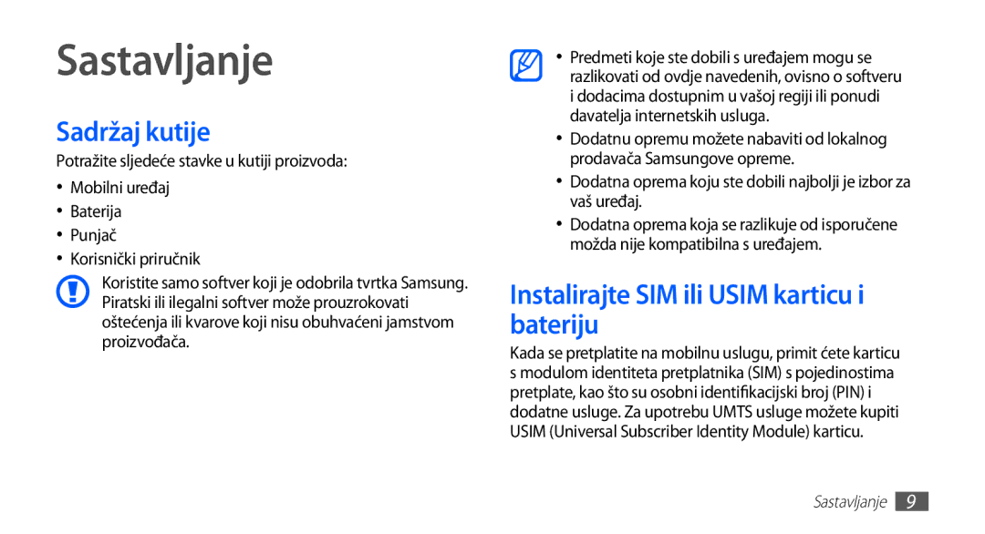 Samsung GT2S5830OKAVIP, GT-S5830OKASMO manual Sastavljanje, Sadržaj kutije, Instalirajte SIM ili Usim karticu i bateriju 