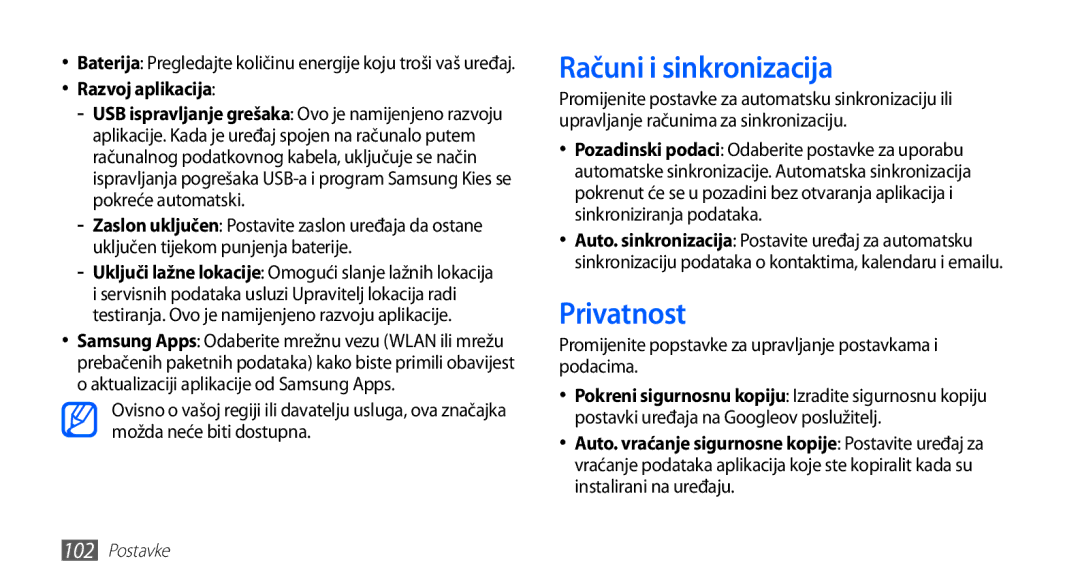 Samsung GT-S5830OKACRO, GT-S5830OKASMO, GT-S5830OKAVIP manual Računi i sinkronizacija, Privatnost, Razvoj aplikacija 