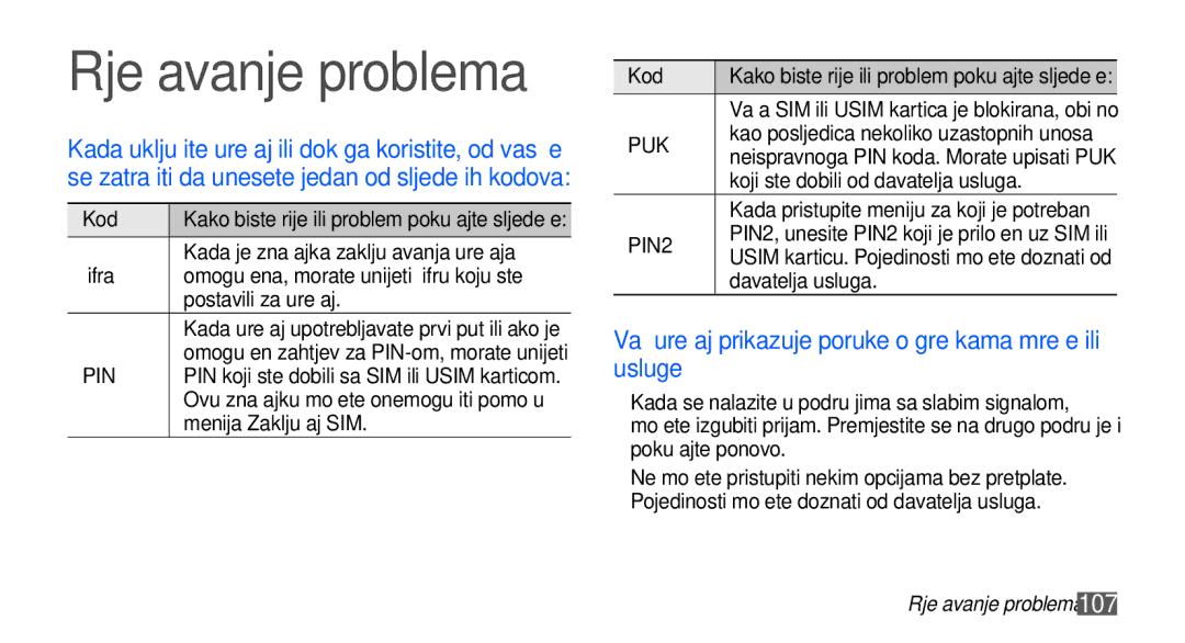 Samsung GT-S5830OKATWO Rješavanje problema, Vaš uređaj prikazuje poruke o greškama mreže ili usluge, Menija Zaključaj SIM 