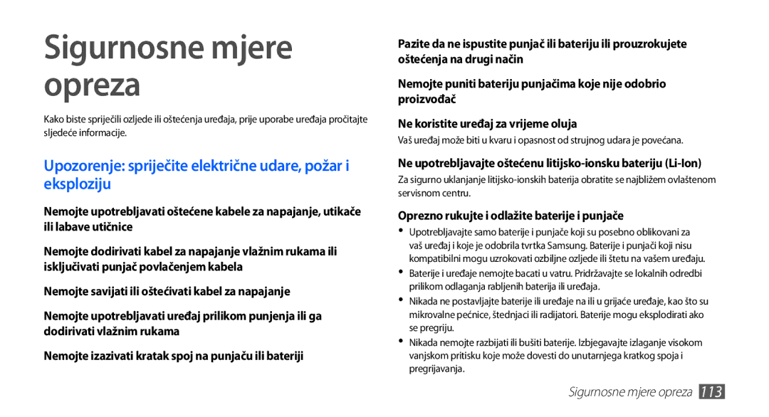 Samsung GT2S5830OKAVIP, GT-S5830OKASMO Sigurnosne mjere opreza, Upozorenje spriječite električne udare, požar i eksploziju 