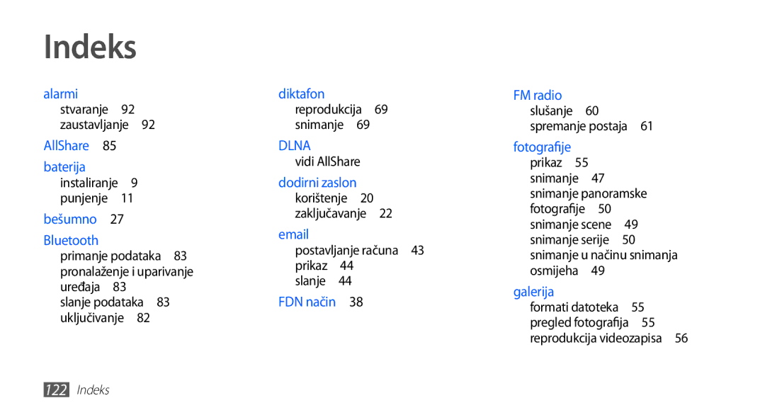 Samsung GT-S5830OKACRG, GT-S5830OKASMO, GT-S5830OKAVIP manual Indeks, Vidi AllShare, FM radio slušanje 60 spremanje postaja  