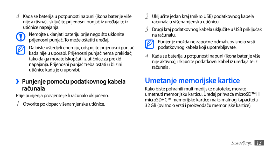 Samsung GT2S5830OKATRA, GT-S5830OKASMO manual Umetanje memorijske kartice, ››Punjenje pomoću podatkovnog kabela računala 