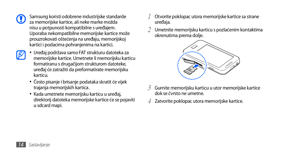 Samsung GT-S5830OKACRO, GT-S5830OKASMO, GT-S5830OKAVIP, GT2S5830OKAVIP manual Zatvorite poklopac utora memorijske kartice 