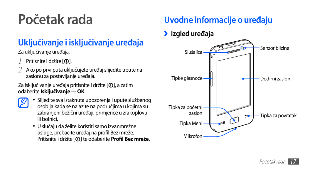 Samsung GT2S5830OKAVIP Početak rada, Uključivanje i isključivanje uređaja, Uvodne informacije o uređaju, ››Izgled uređaja 