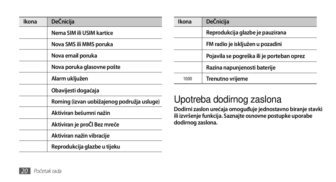 Samsung GT-S5830OKATRA, GT-S5830OKASMO manual Upotreba dodirnog zaslona, Razina napunjenosti baterije, Trenutno vrijeme 