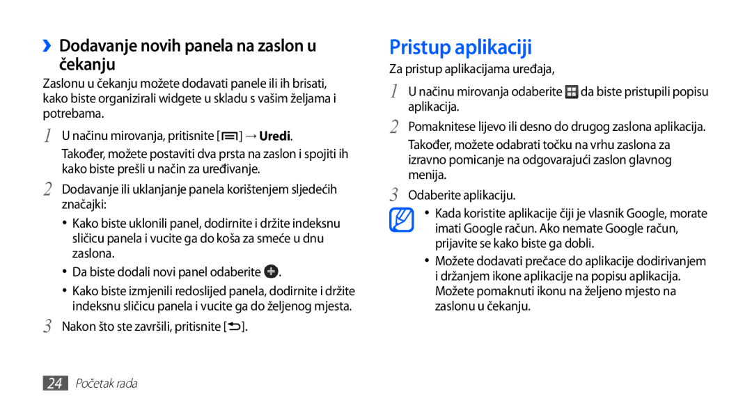 Samsung GT-S5830OKAVIP, GT-S5830OKASMO, GT2S5830OKAVIP Pristup aplikaciji, ››Dodavanje novih panela na zaslon u čekanju 