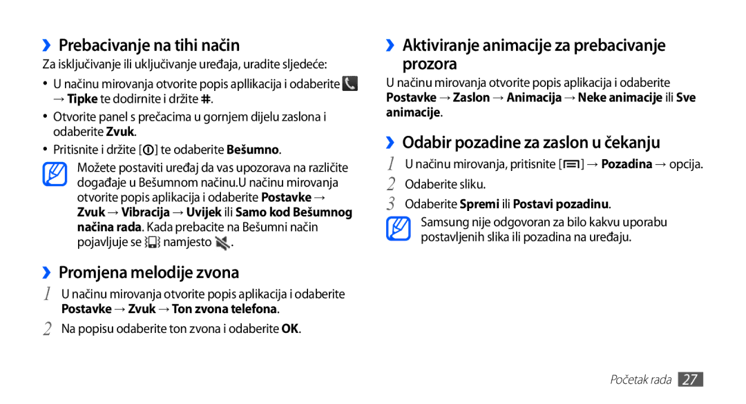 Samsung GT-S5830OKATWO ››Prebacivanje na tihi način, ››Promjena melodije zvona, ››Odabir pozadine za zaslon u čekanju 