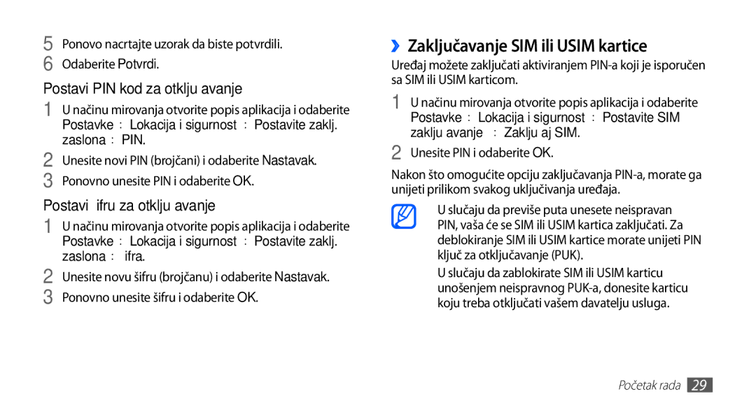 Samsung GT2S5830OKATRA, GT-S5830OKASMO manual ››Zaključavanje SIM ili Usim kartice, Postavi PIN kod za otključavanje 