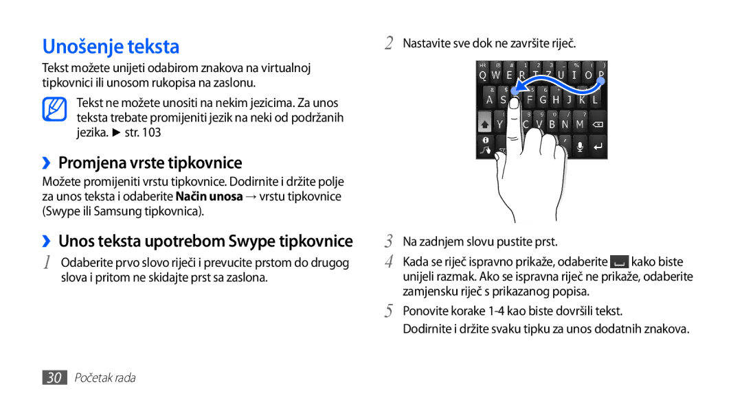 Samsung GT-S5830OKACRO manual Unošenje teksta, ››Promjena vrste tipkovnice, ››Unos teksta upotrebom Swype tipkovnice 