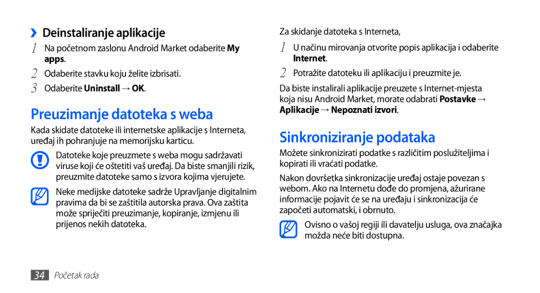 Samsung GT-S5830OKACRG manual Preuzimanje datoteka s weba, Sinkroniziranje podataka, ››Deinstaliranje aplikacije, Apps 