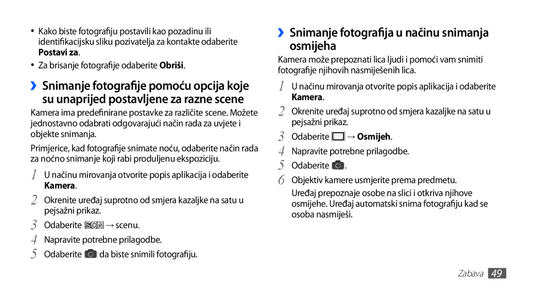 Samsung GT2S5830OKAVIP manual ››Snimanje fotografija u načinu snimanja osmijeha, Postavi za, Kamera, Pejsažni prikaz 