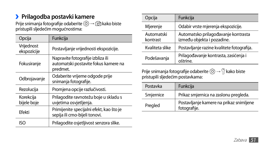 Samsung GT-S5830OKATWO, GT-S5830OKASMO, GT-S5830OKAVIP, GT2S5830OKAVIP, GT-S5830OKACRG manual ››Prilagodba postavki kamere 