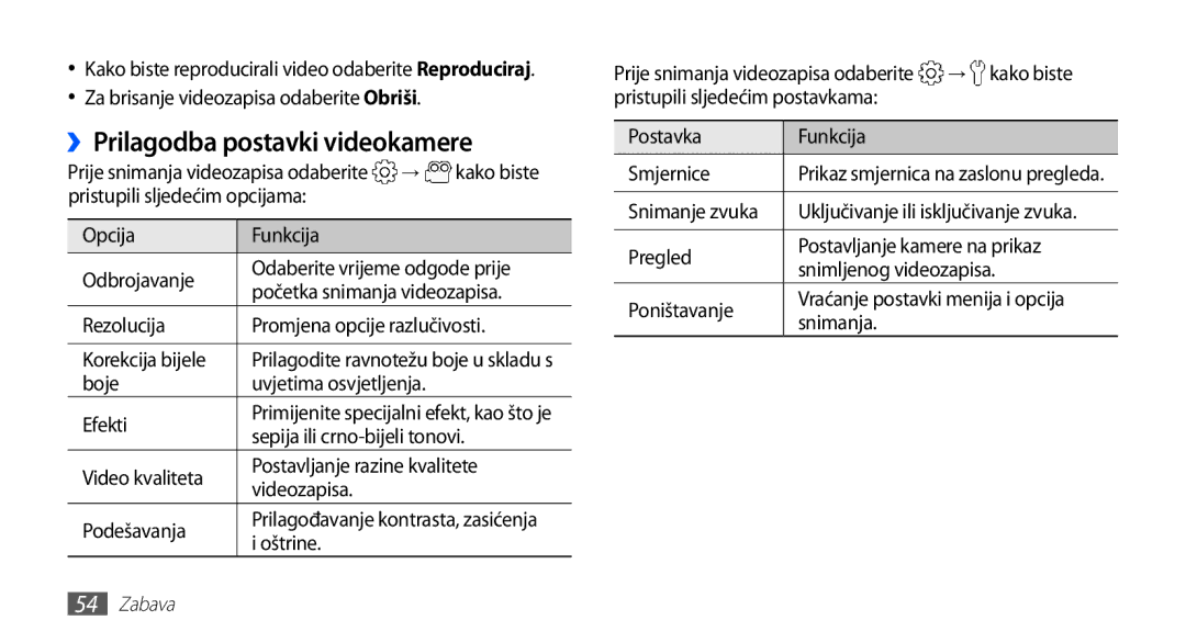 Samsung GT-S5830OKACRO, GT-S5830OKASMO, GT-S5830OKAVIP, GT2S5830OKAVIP, GT-S5830OKACRG manual ››Prilagodba postavki videokamere 