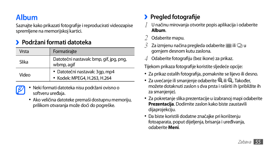 Samsung GT-S5830OKASMO, GT-S5830OKAVIP, GT2S5830OKAVIP manual Album, ››Podržani formati datoteka, ››Pregled fotografije 