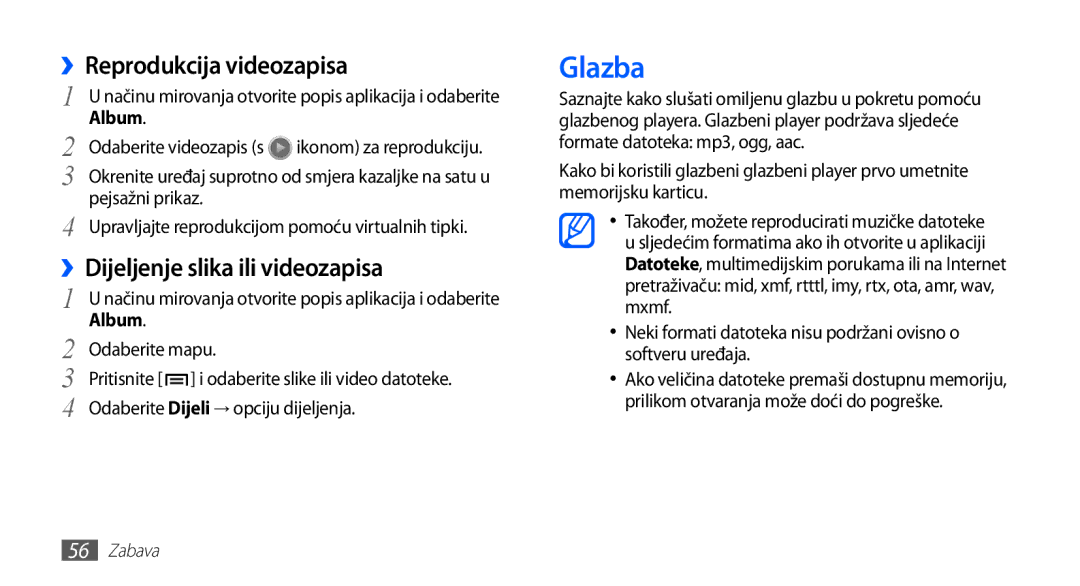 Samsung GT-S5830OKAVIP, GT-S5830OKASMO manual Glazba, ››Reprodukcija videozapisa, ››Dijeljenje slika ili videozapisa 