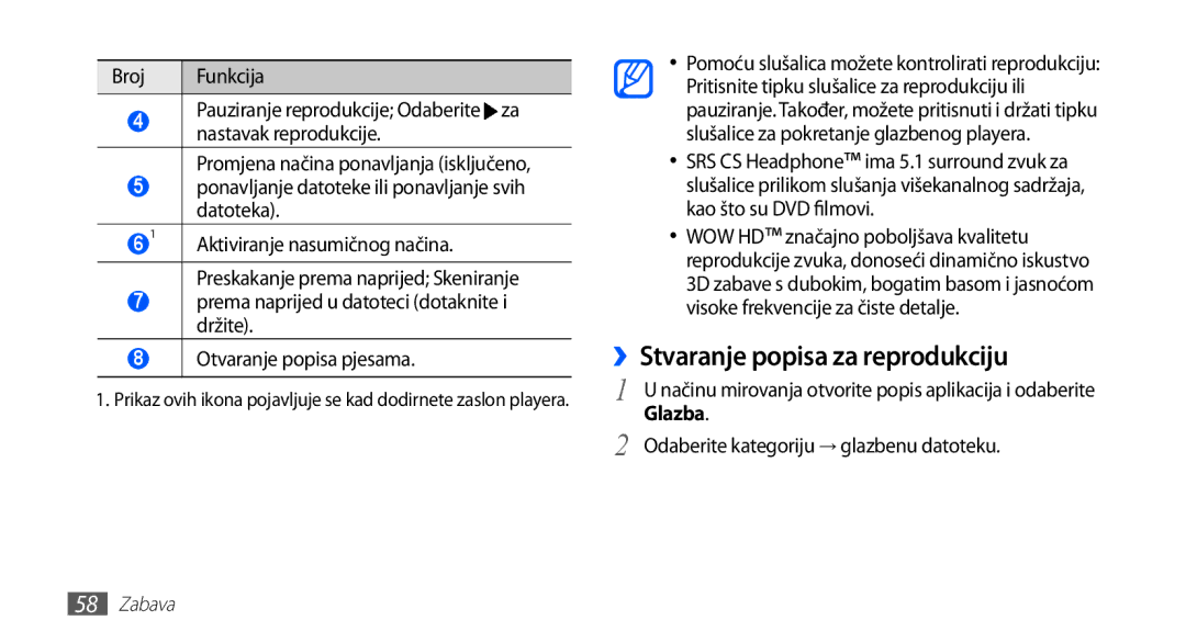 Samsung GT-S5830OKACRG manual ››Stvaranje popisa za reprodukciju, Ponavljanje datoteke ili ponavljanje svih datoteka 