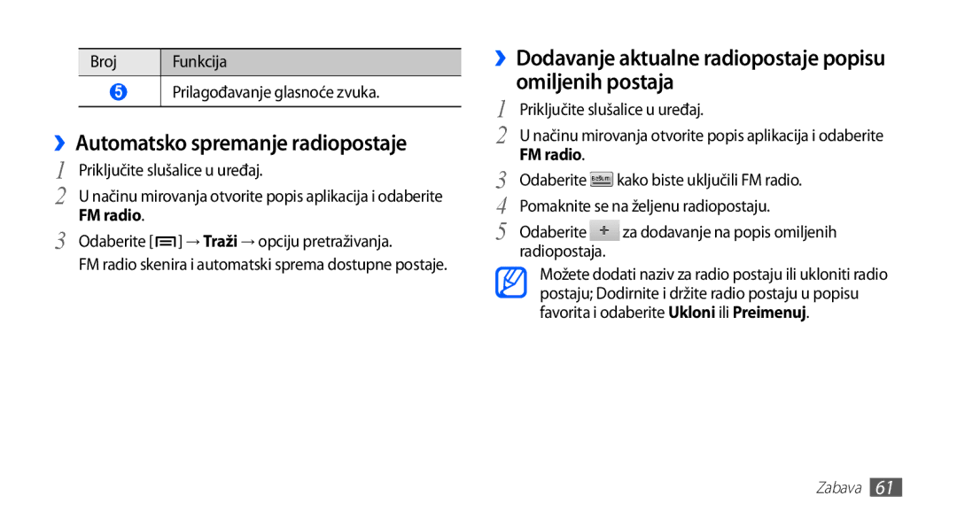 Samsung GT2S5830OKATRA ››Automatsko spremanje radiopostaje, ››Dodavanje aktualne radiopostaje popisu omiljenih postaja 