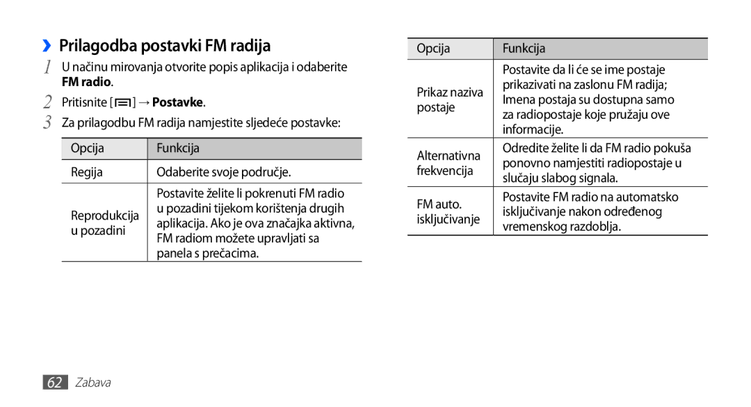 Samsung GT-S5830OKACRO, GT-S5830OKASMO, GT-S5830OKAVIP, GT2S5830OKAVIP, GT-S5830OKACRG manual ››Prilagodba postavki FM radija 