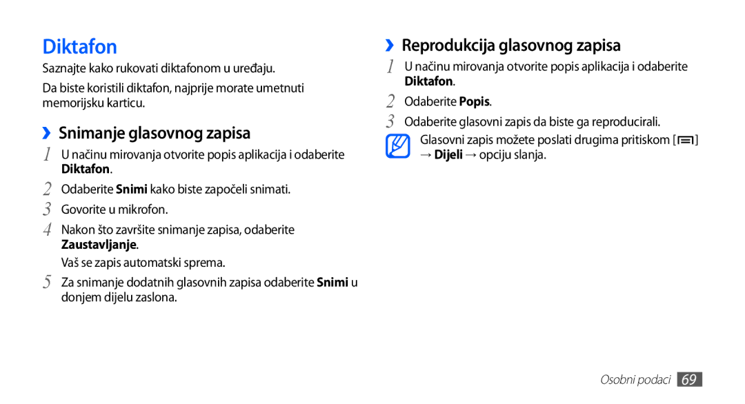 Samsung GT2S5830OKATRA manual Diktafon, ››Snimanje glasovnog zapisa, ››Reprodukcija glasovnog zapisa, Zaustavljanje 