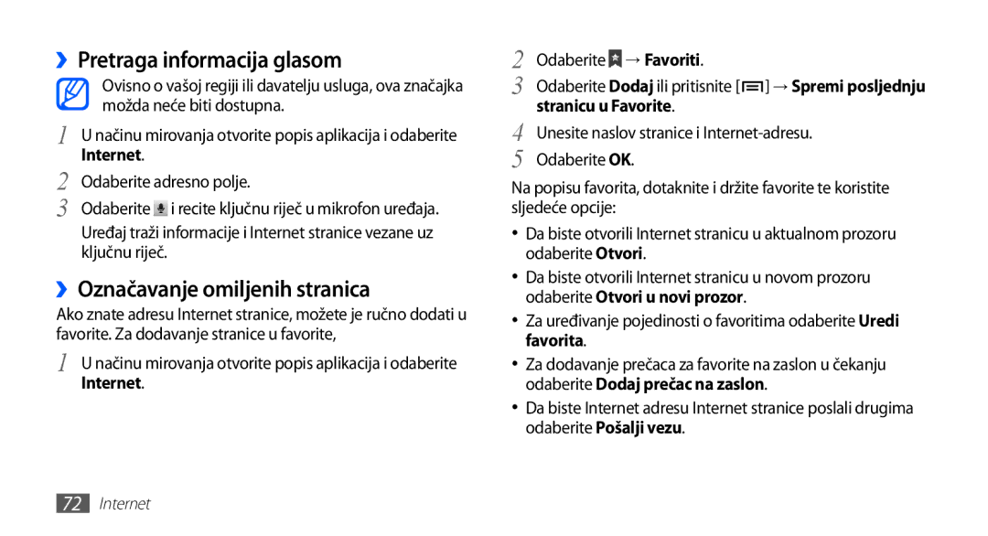 Samsung GT-S5830OKAVIP ››Pretraga informacija glasom, ››Označavanje omiljenih stranica, Internet, Stranicu u Favorite 