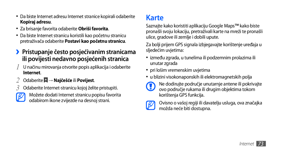 Samsung GT2S5830OKAVIP, GT-S5830OKASMO manual Karte, Kopiraj adresu, Za brisanje favorita odaberite Obriši favorita 