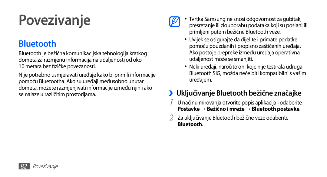 Samsung GT-S5830OKACRG, GT-S5830OKASMO, GT-S5830OKAVIP manual Povezivanje, ››Uključivanje Bluetooth bežične značajke 