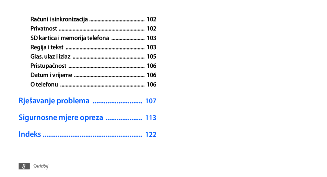 Samsung GT-S5830OKAVIP, GT-S5830OKASMO, GT2S5830OKAVIP, GT-S5830OKACRG, GT-S5830OKATWO manual Rješavanje problema 107, 113, 122 