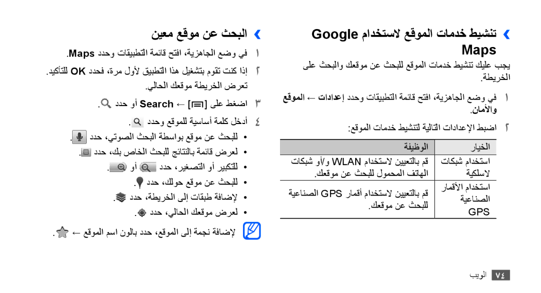 Samsung GT-S5830OKAABS, GT-S5830OKATUR manual نيعم عقوم نع ثحبلا››, Google مادختسلا عقوملا تامدخ طيشنت›› Maps, ناملأاو 