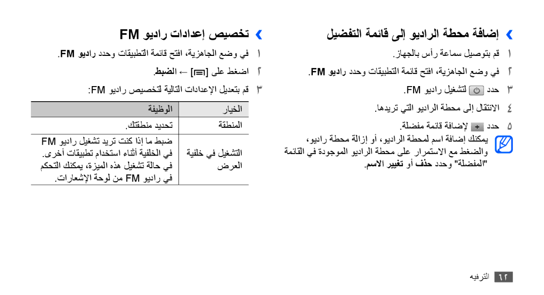 Samsung GT-S5830OKITMC, GT-S5830OKIAFG, GT-S5830OKISKZ Fm ويدار تادادعإ صيصخت››, ليضفتلا ةمئاق ىلإ ويدارلا ةطحم ةفاضإ›› 