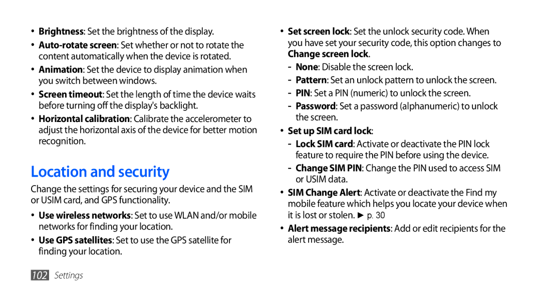 Samsung GT-S5830PPIEGY manual Location and security, Brightness Set the brightness of the display, Set up SIM card lock 