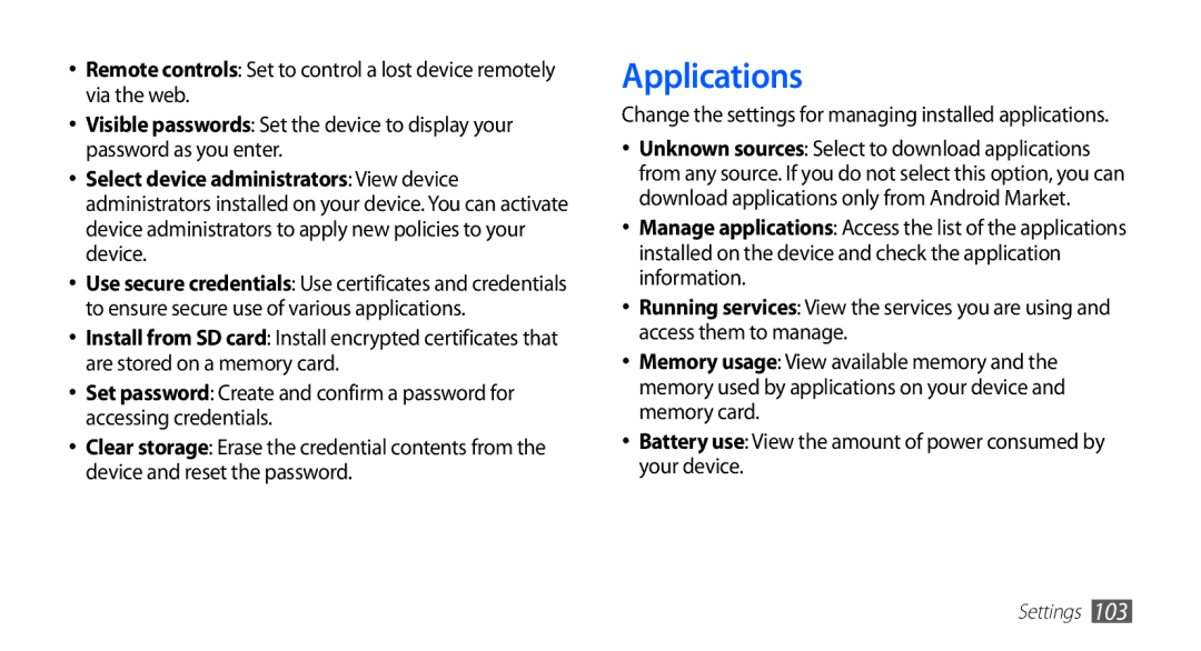 Samsung GT-S5830RWIPAK, GT-S5830OKIAFG manual Applications, Change the settings for managing installed applications 