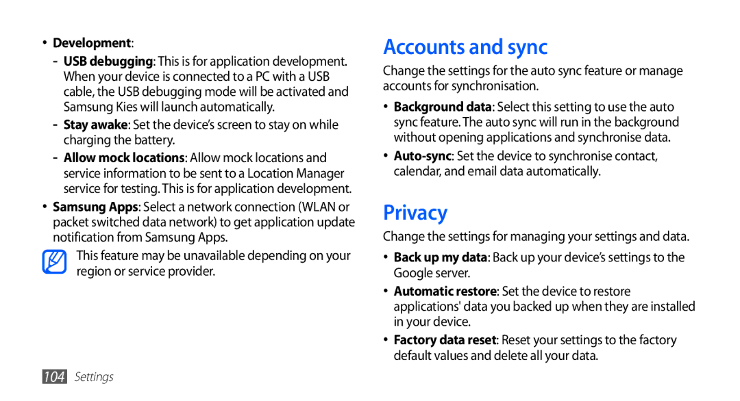 Samsung GT-S5830RWITHR, GT-S5830OKIAFG, GT-S5830OKISKZ, GT-S5830PPIEGY manual Accounts and sync, Privacy, Development 