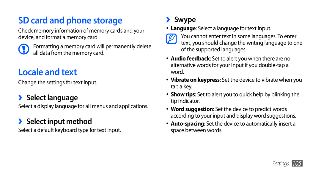 Samsung GT-S5830UWITHR SD card and phone storage, Locale and text, ›› Select language, ›› Select input method, ›› Swype 