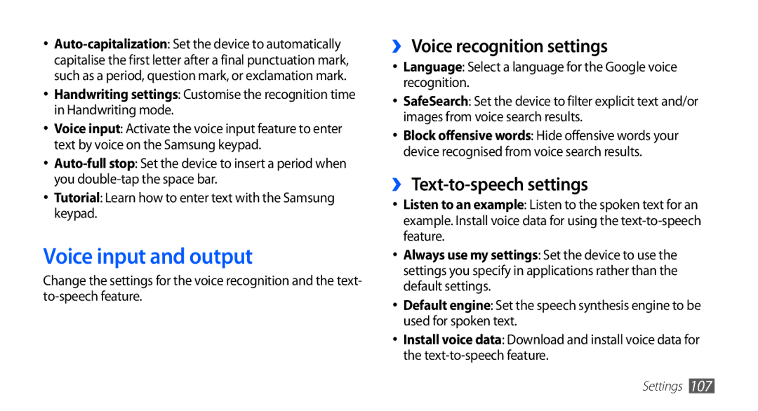 Samsung GT-S5830UWIKSA, GT-S5830OKIAFG Voice input and output, ›› Voice recognition settings, ›› Text-to-speech settings 