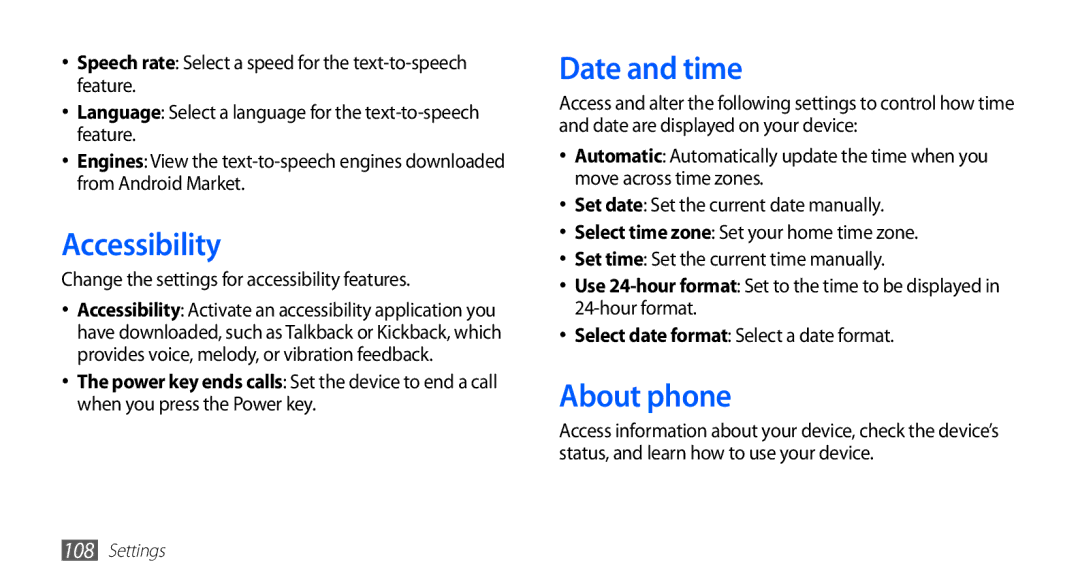 Samsung GT-S5830OKIEGY manual Accessibility, Date and time, About phone, Change the settings for accessibility features 