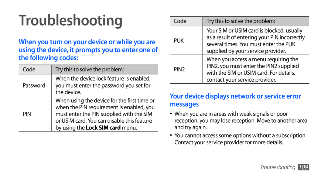 Samsung GT-S5830OKIBTC, GT-S5830OKIAFG manual Troubleshooting, Your device displays network or service error messages 