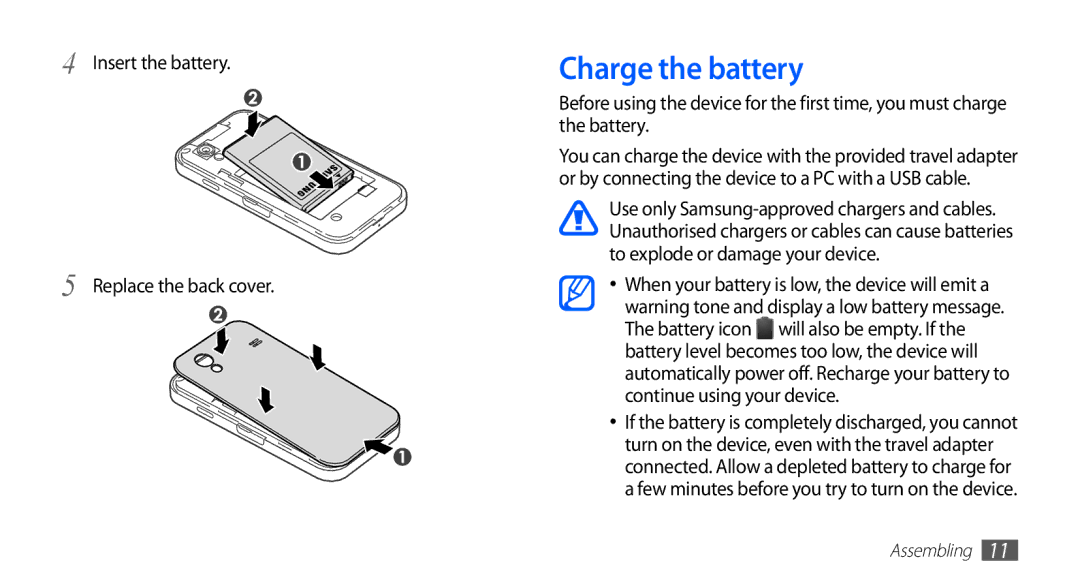 Samsung GT-S5830RWIAFG, GT-S5830OKIAFG, GT-S5830OKISKZ manual Charge the battery, Insert the battery Replace the back cover 