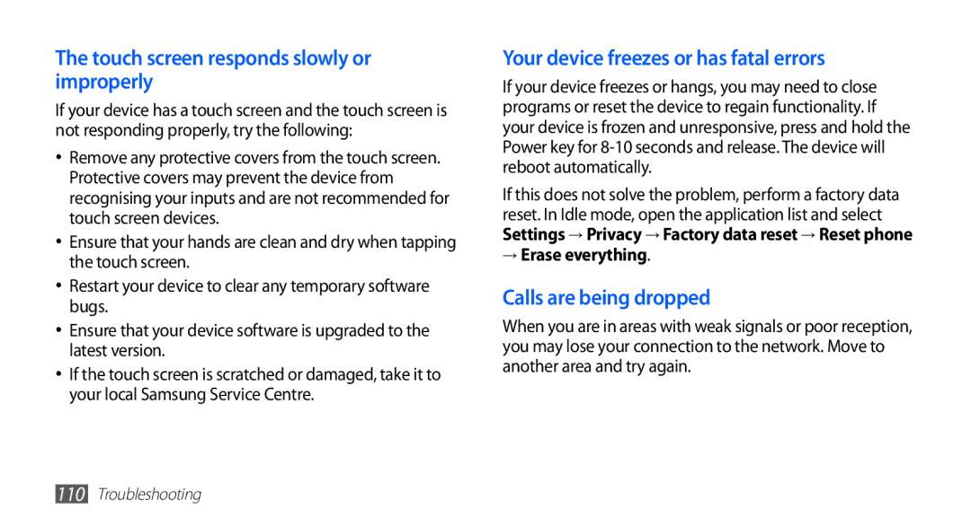 Samsung GT-S5830PPIJED, GT-S5830OKIAFG Touch screen responds slowly or improperly, Your device freezes or has fatal errors 