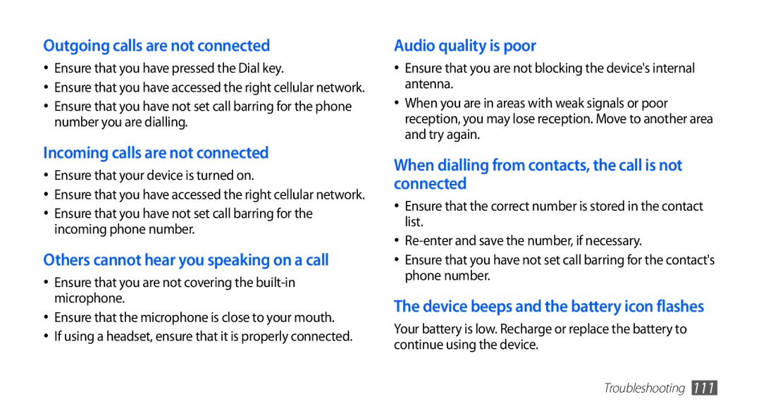 Samsung GT-S5830RWIAFG manual Outgoing calls are not connected, Incoming calls are not connected, Audio quality is poor 