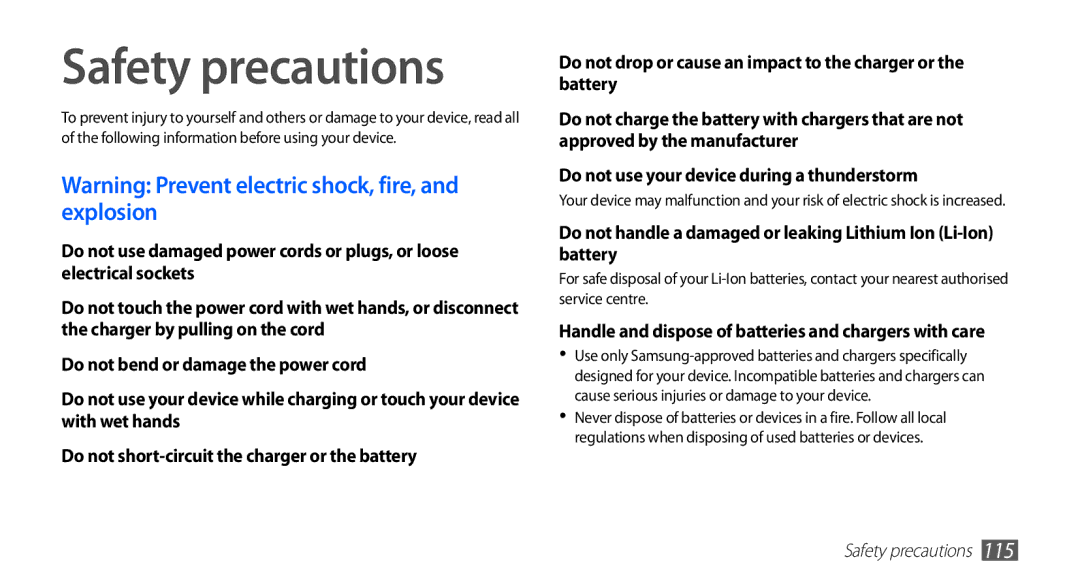 Samsung GT-S5830UWZTHR, GT-S5830OKIAFG manual Safety precautions, Handle and dispose of batteries and chargers with care 