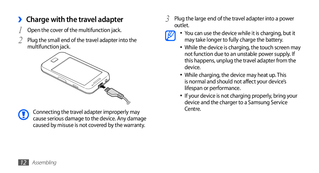 Samsung GT-S5830RWIXSG, GT-S5830OKIAFG, GT-S5830OKISKZ, GT-S5830PPIEGY manual ›› Charge with the travel adapter, Outlet 