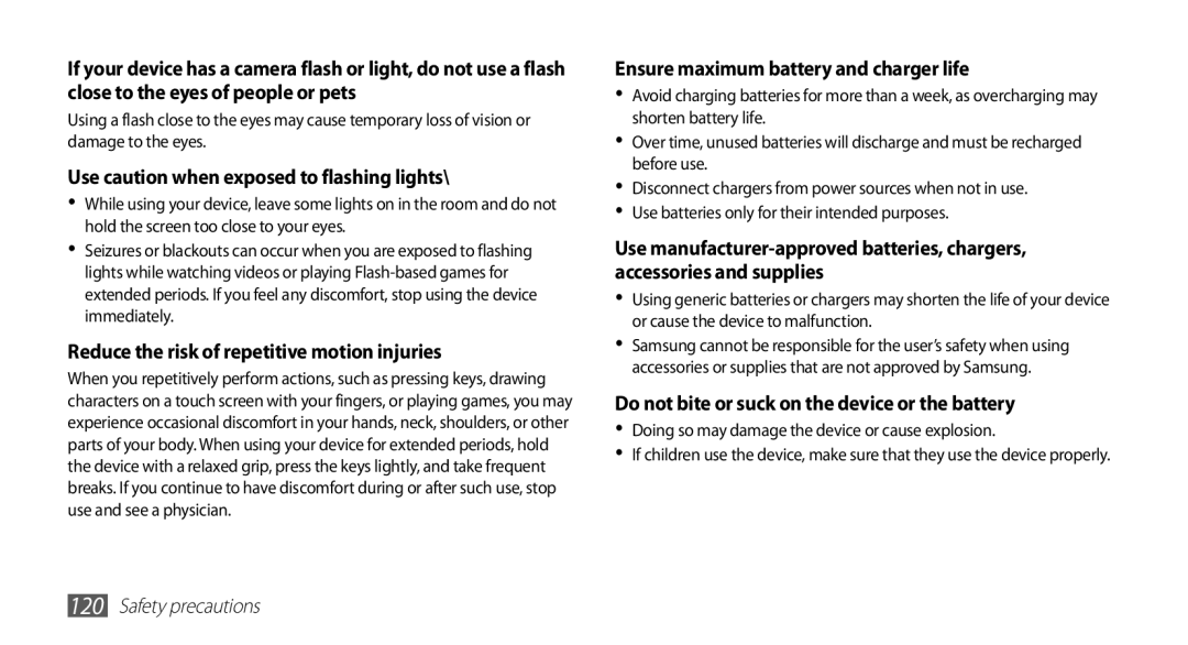 Samsung GT-S5830PPIKSA, GT-S5830OKIAFG, GT-S5830OKISKZ, GT-S5830PPIEGY manual Use caution when exposed to flashing lights 