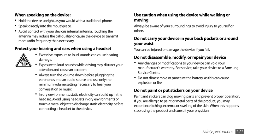 Samsung GT-S5830XKIKSA, GT-S5830OKIAFG, GT-S5830OKISKZ manual Use caution when using the device while walking or moving 