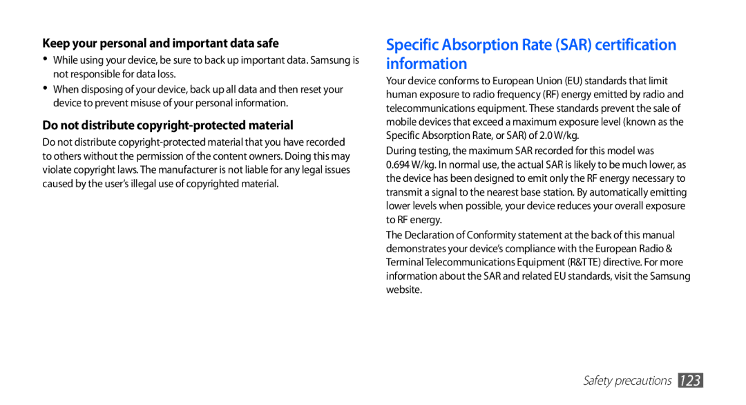 Samsung GT-S5830OKIXFE Specific Absorption Rate SAR certification information, Keep your personal and important data safe 