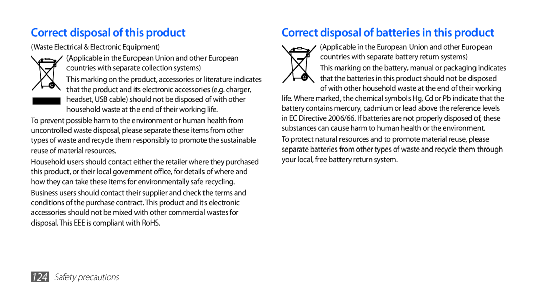 Samsung GT-S5830PPIBTC, GT-S5830OKIAFG Correct disposal of this product, Correct disposal of batteries in this product 