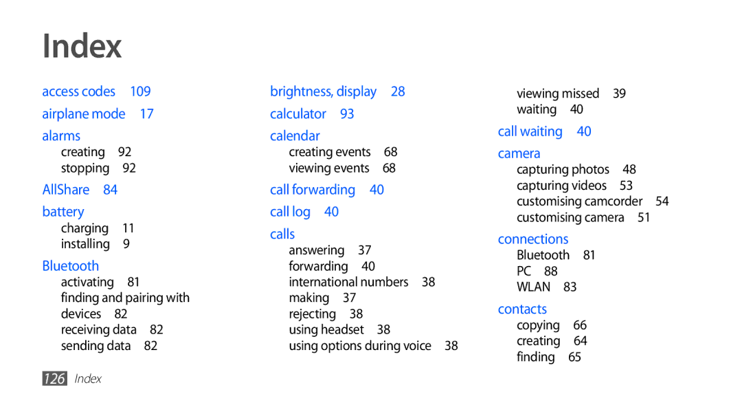 Samsung GT-S5830RWIJED, GT-S5830OKIAFG Index, Finding and pairing with, Viewing missed 39 waiting , Bluetooth PC WLAN  