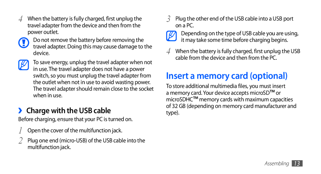 Samsung GT-S5830UWISKZ manual Insert a memory card optional, ›› Charge with the USB cable, Power outlet, Multifunction jack 