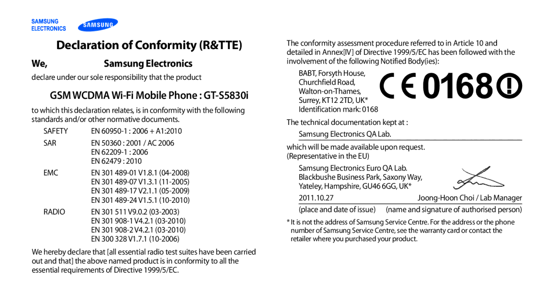 Samsung GT-S5830PPIXSG, GT-S5830OKIAFG manual Declaration of Conformity R&TTE, GSM Wcdma Wi-Fi Mobile Phone GT-S5830i 