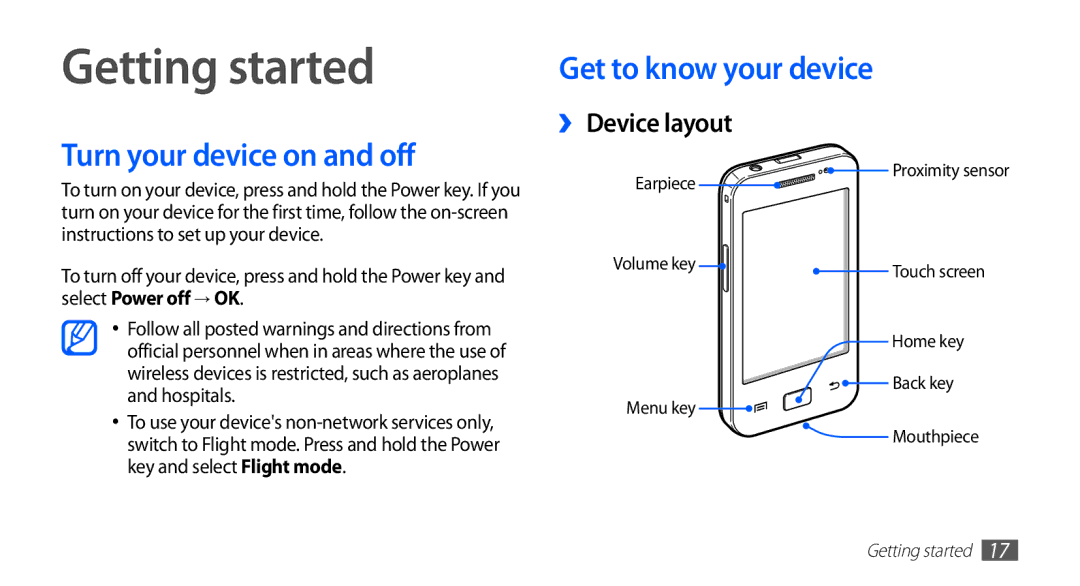 Samsung GT-S5830OKIJED manual Getting started, Turn your device on and off, Get to know your device, ›› Device layout 