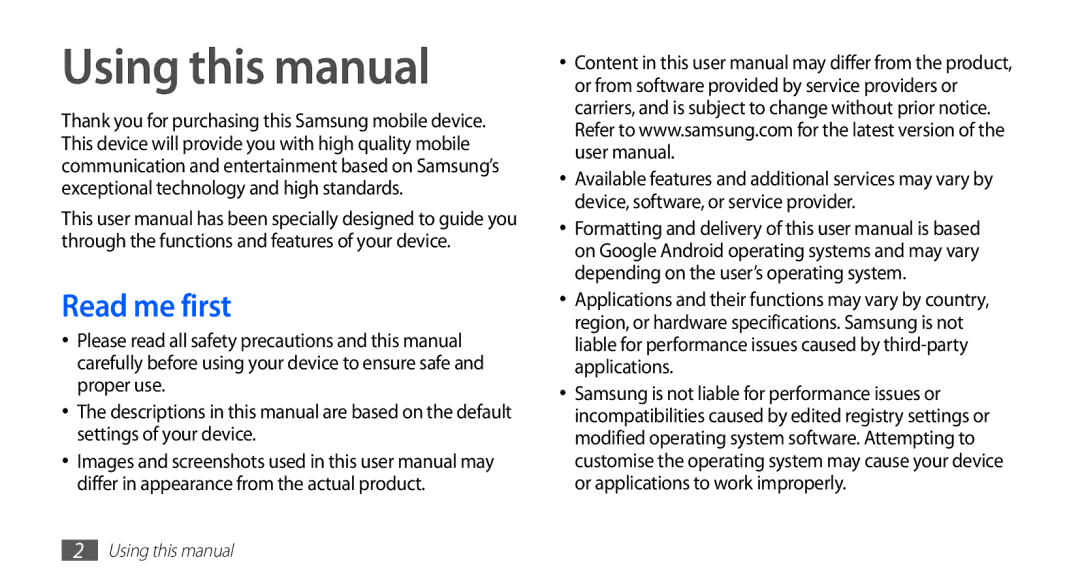 Samsung GT-S5830PPIEGY, GT-S5830OKIAFG, GT-S5830OKISKZ, GT-S5830RWIPAK, GT-S5830RWITHR Using this manual, Read me first 